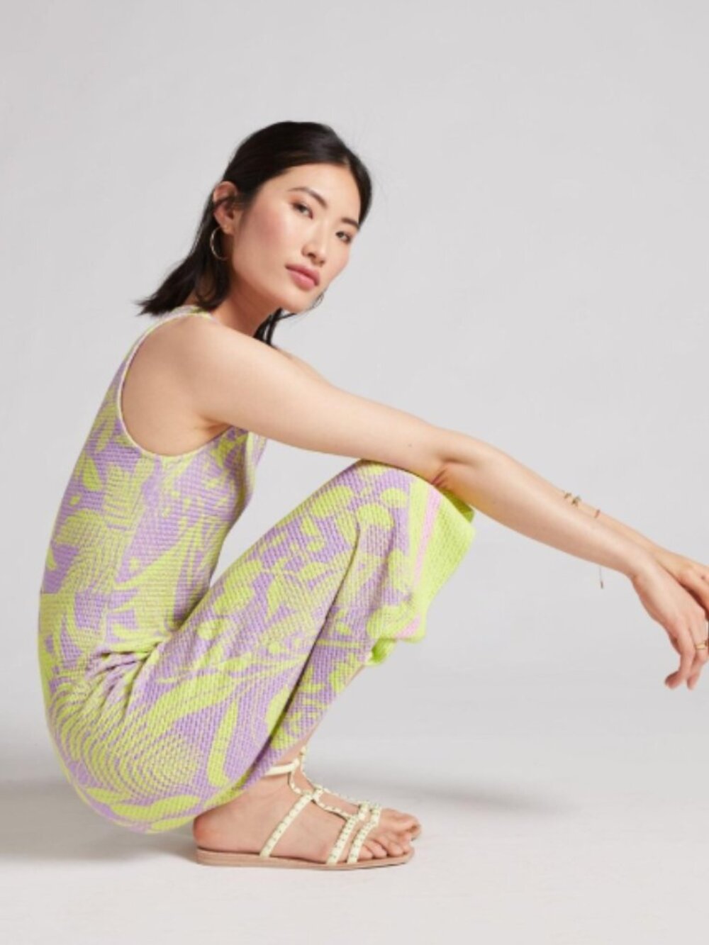 Anthropologie Farm Rio Knit Midi Dress Fitted Lime Green Lavender